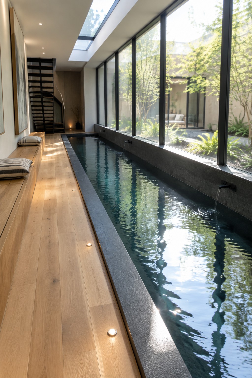 A long narrow indoor lap pool with a wooden built-in bench along one side and large windows on the other.