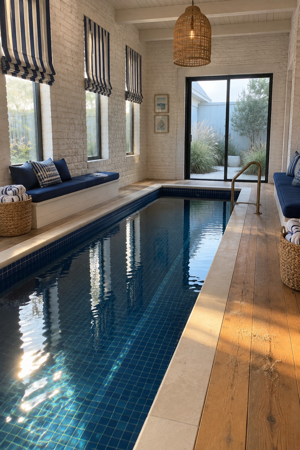 Long narrow indoor lap pool with blue tile, flanked by built-in blue cushioned benches on light wood platforms, white brick walls, and large windows with striped shades.