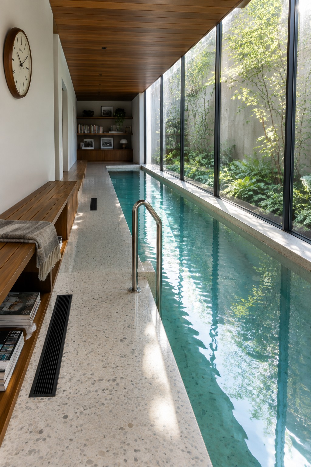 A long narrow indoor lap pool with turquoise water sits next to a continuous wooden bench with magazines and a folded towel, while large windows line the opposite wall.