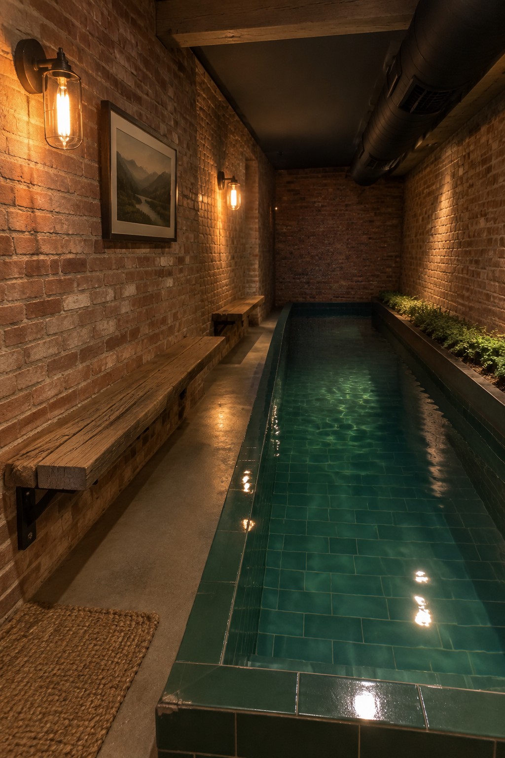 A long narrow indoor lap pool with green tile sits between brick walls, with wooden benches mounted on one side and a planter on the other.