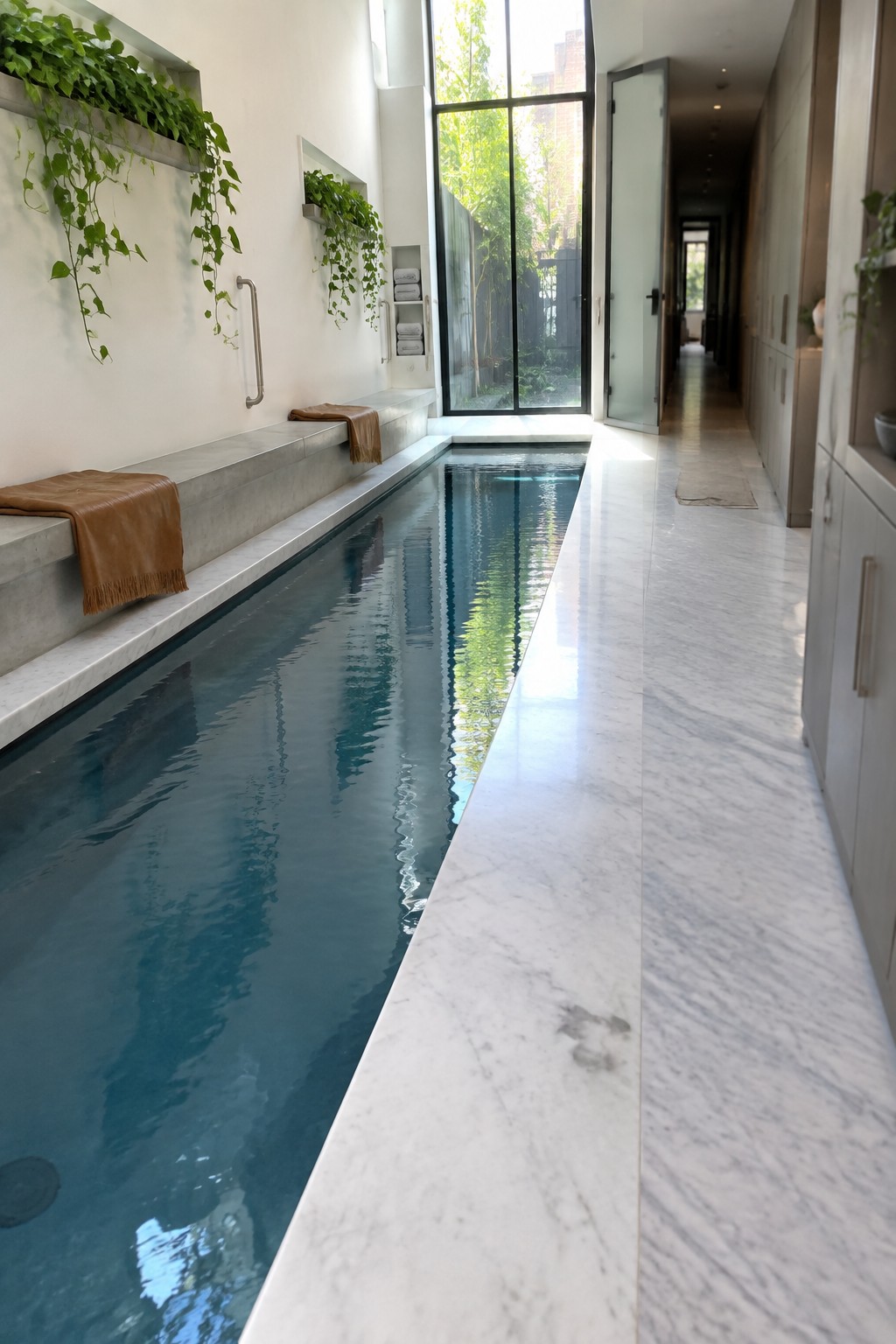 Modern indoor lap pool with white marble deck, hanging plants, and brown towels