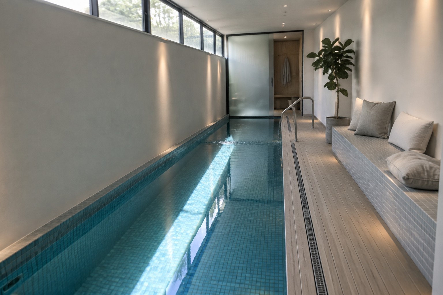 A long narrow indoor lap pool with a built-in bench on the left wall and windows along the right wall.