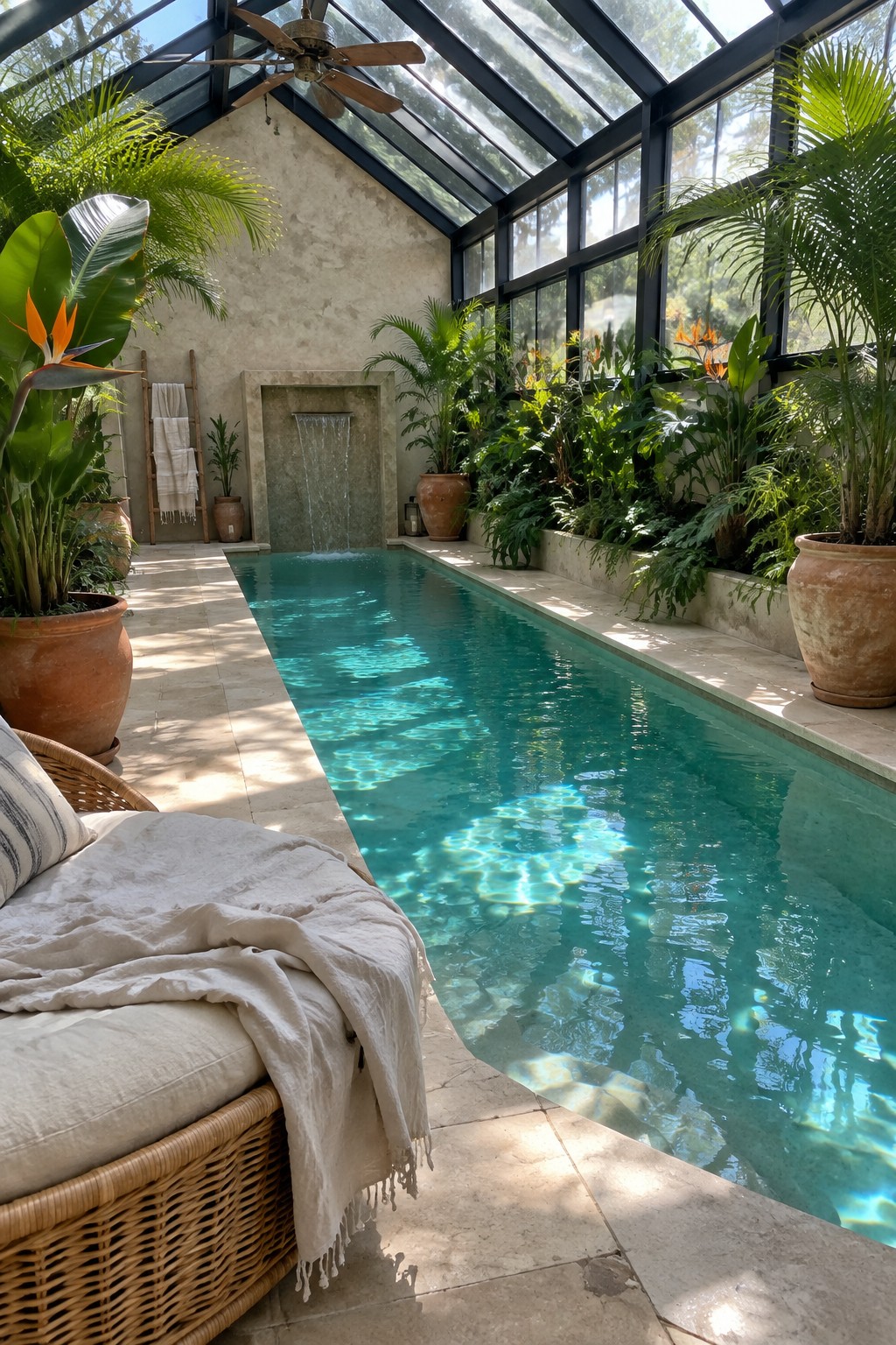 Long turquoise pool in lush plant-filled glass atrium with stone waterfall and wicker lounger