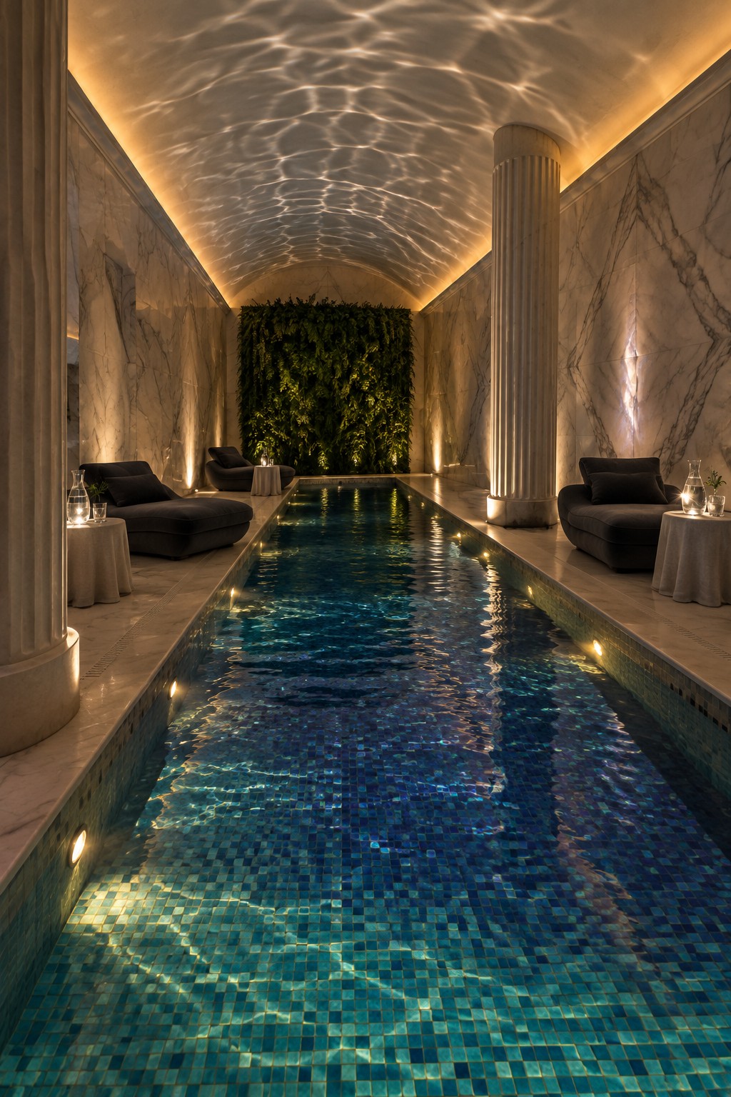 A long narrow indoor lap pool with blue mosaic tiles, dark chaise lounges on both marble ledges, a green living wall at the end, and a vaulted ceiling with rippled light reflections.