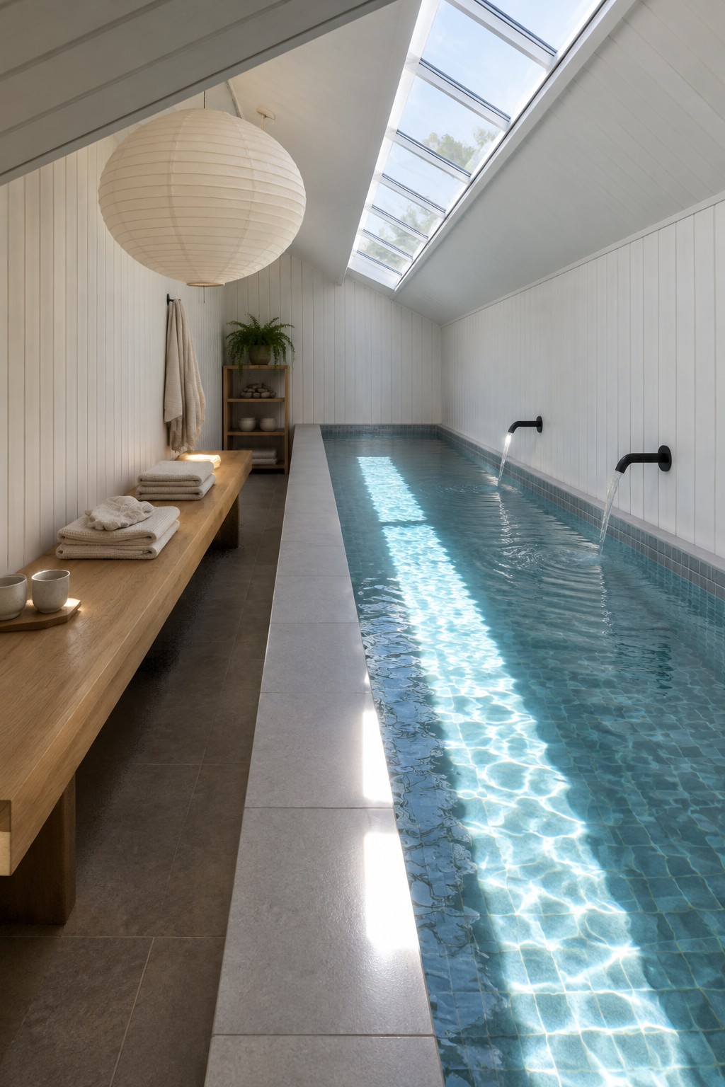 A long narrow indoor lap pool with a continuous skylight overhead, water reflections on the surface, a wooden bench with folded towels on the left, and two black wall-mounted faucets on the right.