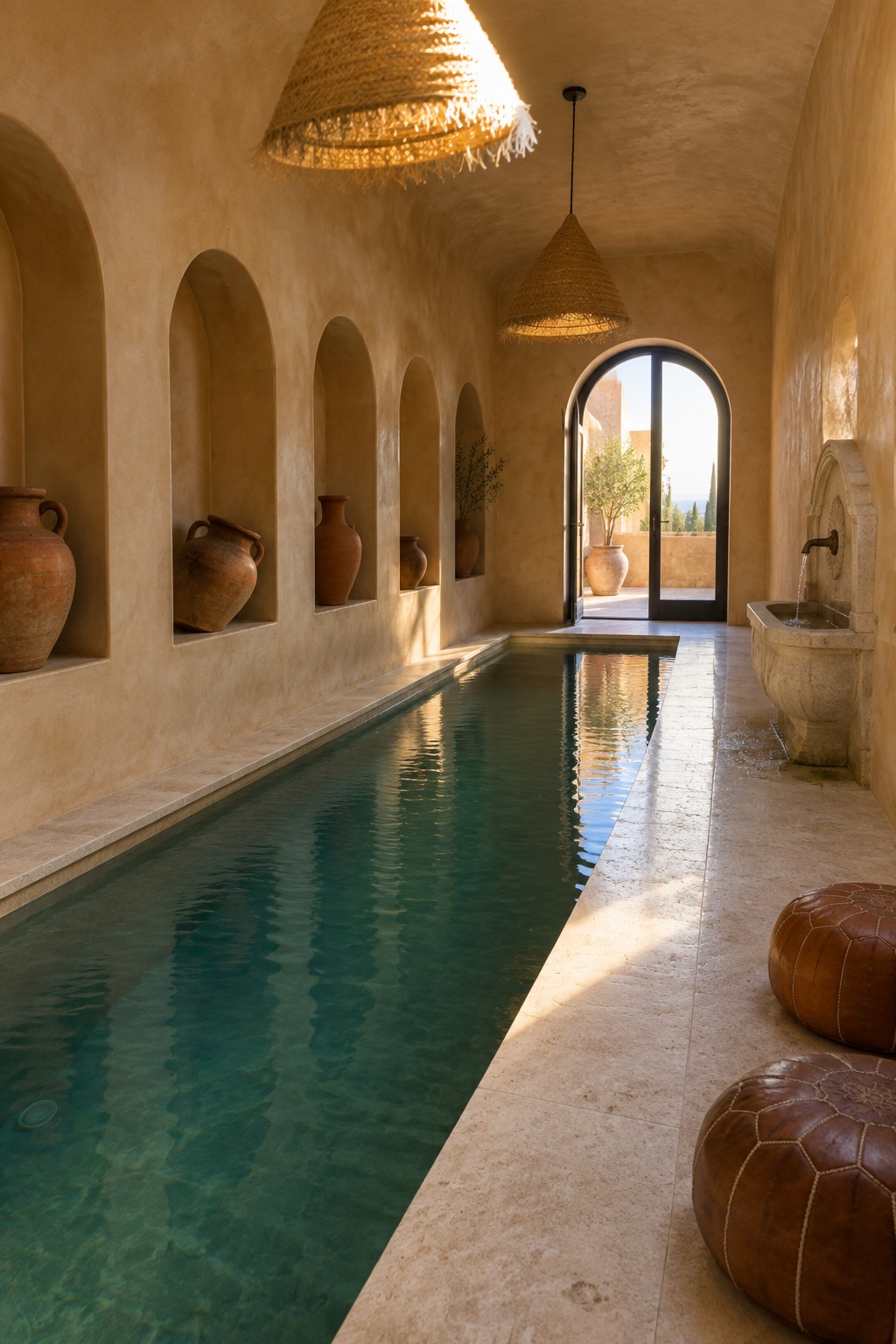 A long narrow indoor lap pool runs beside a wall lined with arched niches holding clay pots, with a stone fountain on the right and an open door at the end.