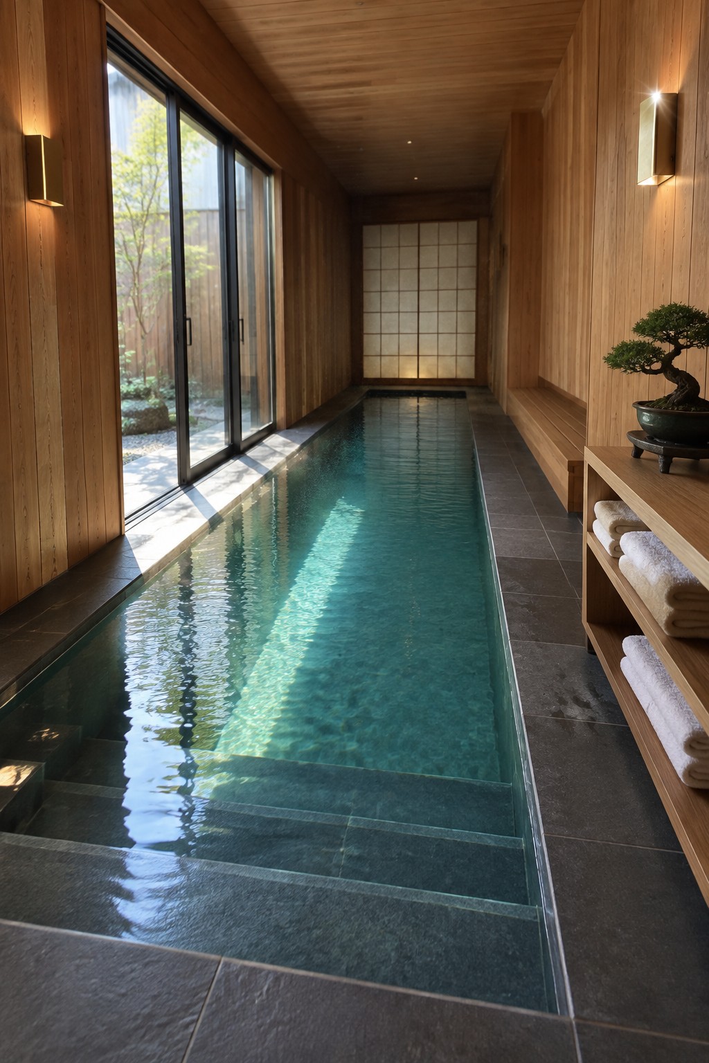 Long narrow indoor pool with turquoise water in wood-paneled Japanese-style spa room