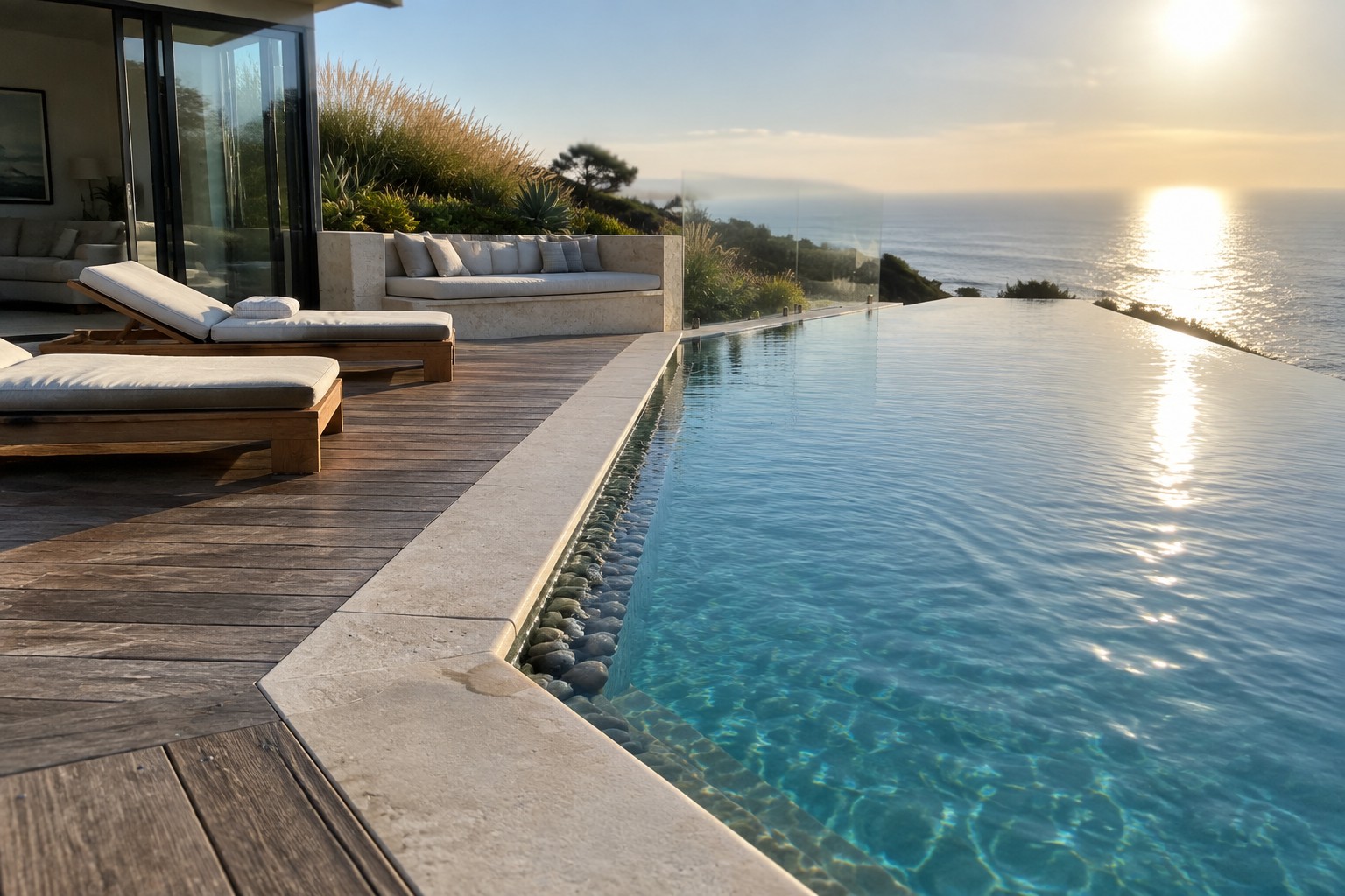 16 Sophisticated Infinity Pools With Natural Stone Edge Treatments An infinity pool with light natural stone coping along the edge next to a wooden deck with lounge chairs, overlooking the ocean.
