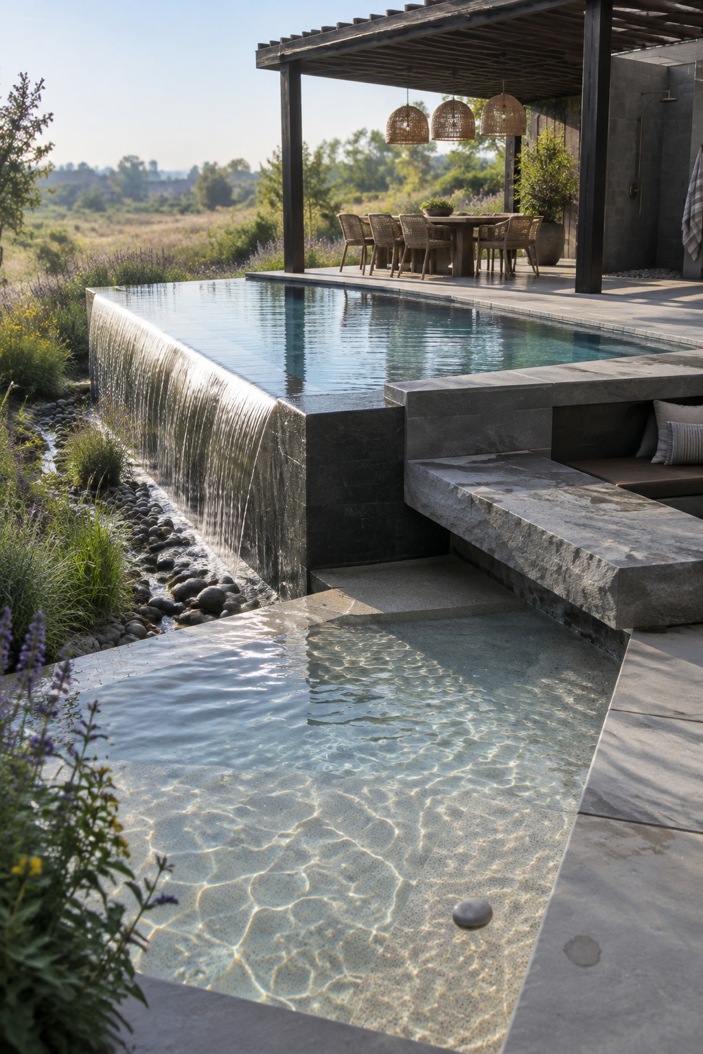 16 Sophisticated Infinity Pools With Natural Stone Edge Treatments An infinity pool with natural stone coping and a waterfall edge flows into a lower stone basin, with integrated stone seating and a covered outdoor dining area nearby.