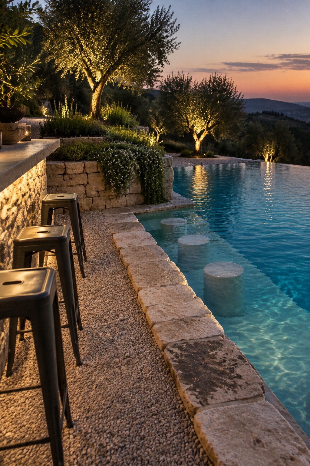 16 Sophisticated Infinity Pools With Natural Stone Edge Treatments An infinity pool with irregular light-colored natural stone coping along the edge, three dark metal stools on a gravel path beside a stone bar counter, and illuminated trees in the background at dusk.