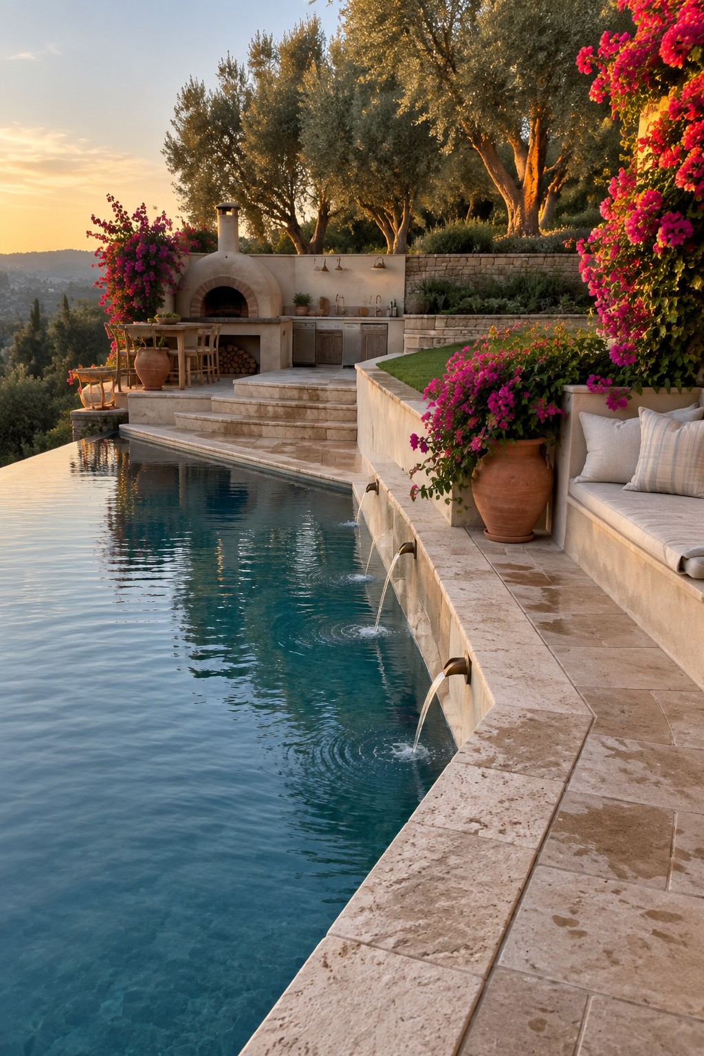 16 Sophisticated Infinity Pools With Natural Stone Edge Treatments An infinity pool with light natural stone coping and decking, water spouts along the curved edge, and an outdoor kitchen with a pizza oven in the background.