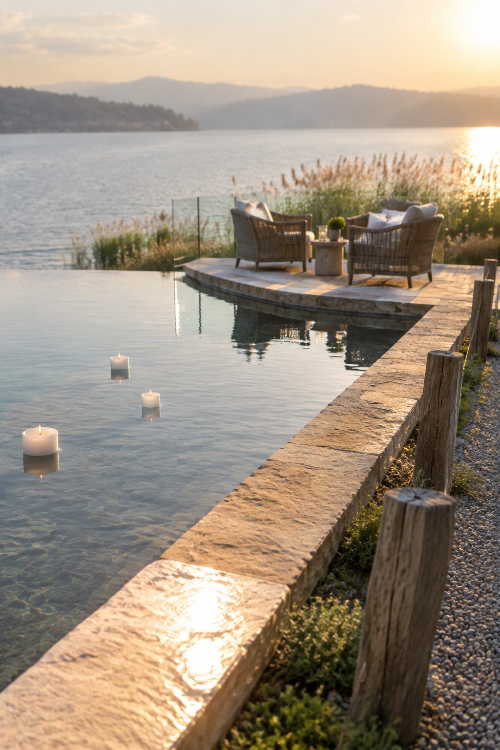 16 Sophisticated Infinity Pools With Natural Stone Edge Treatments Infinity pool with floating candles beside wicker chairs overlooking lake at sunset