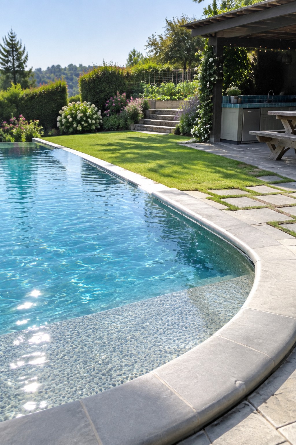 16 Sophisticated Infinity Pools With Natural Stone Edge Treatments A curved infinity pool with gray natural stone coping edges into a green lawn beside a stone patio and garden.