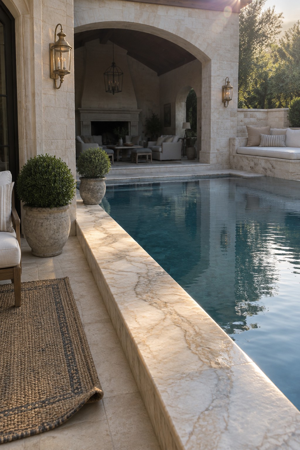 16 Sophisticated Infinity Pools With Natural Stone Edge Treatments Luxurious stone pool with marble edge beside arched patio, fireplace, and seating
