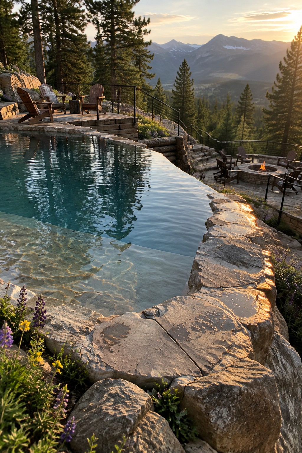 16 Sophisticated Infinity Pools With Natural Stone Edge Treatments An infinity pool with a natural stone edge on a hillside overlooking mountains, with wooden lounge chairs and a fire pit nearby.