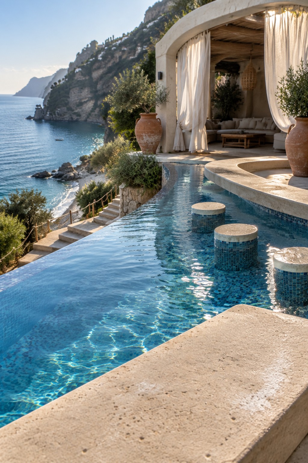 16 Sophisticated Infinity Pools With Natural Stone Edge Treatments Cliffside infinity pool with ocean view, white-curtained lounge, and terracotta pots