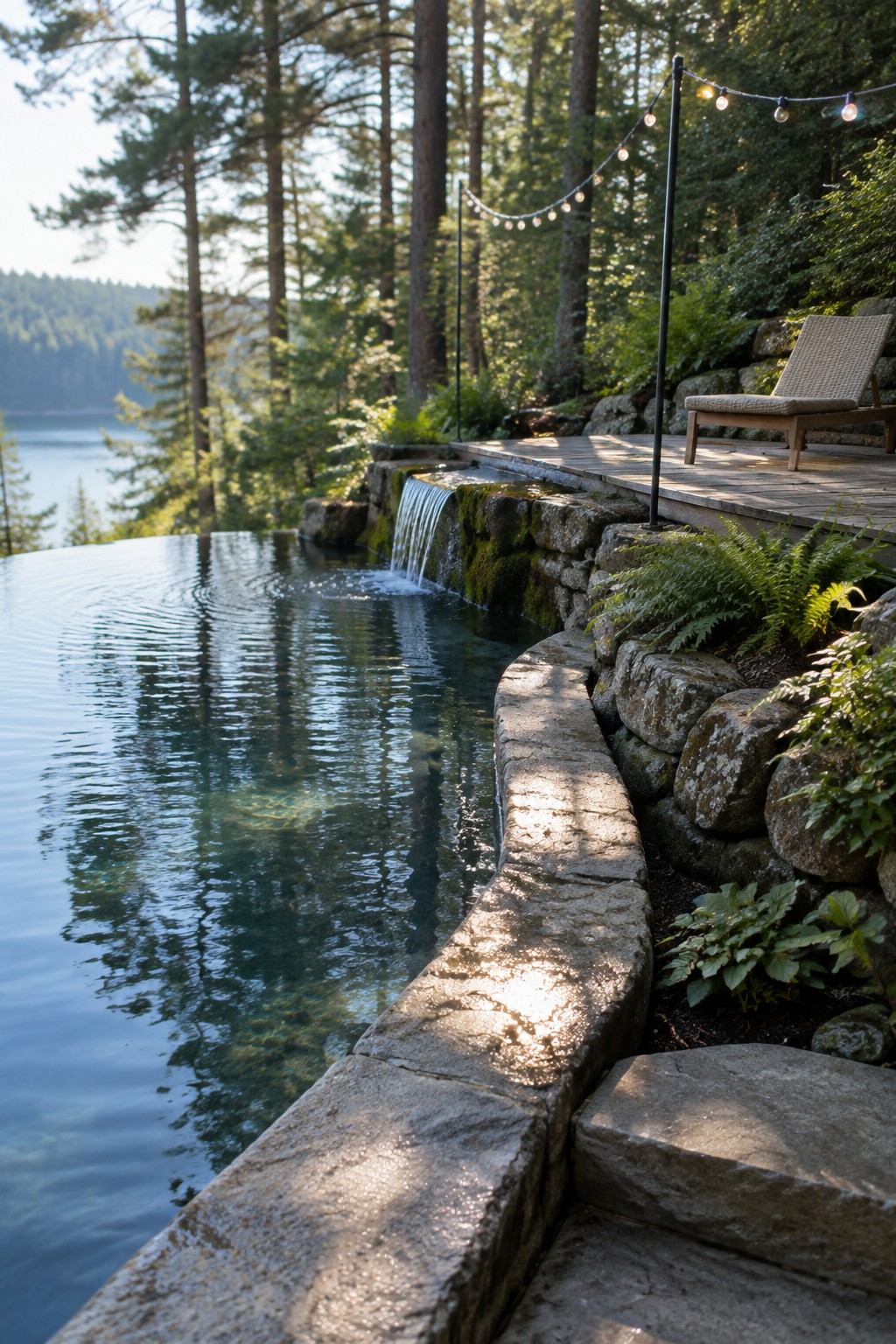 16 Sophisticated Infinity Pools With Natural Stone Edge Treatments An infinity pool with a curved natural stone edge and a small waterfall feature, set against trees with a wooden deck and lounge chair nearby.