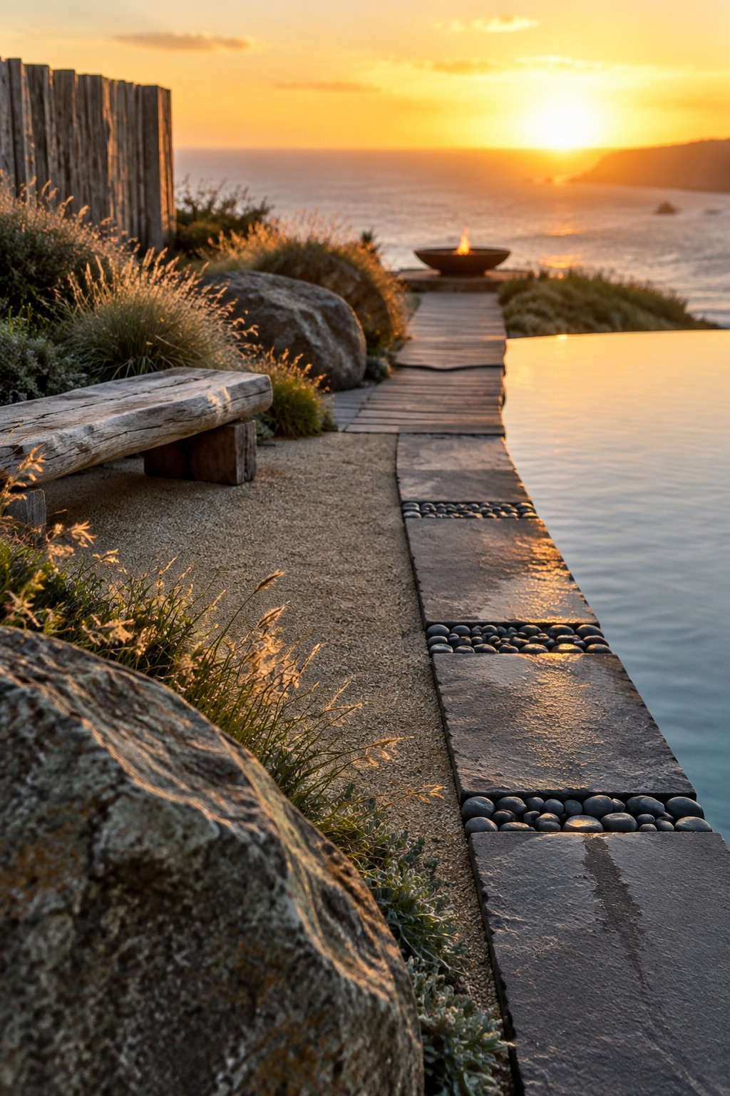 16 Sophisticated Infinity Pools With Natural Stone Edge Treatments Coastal sunset with infinity pool, stone path, fire pit, wooden bench, and ocean view.