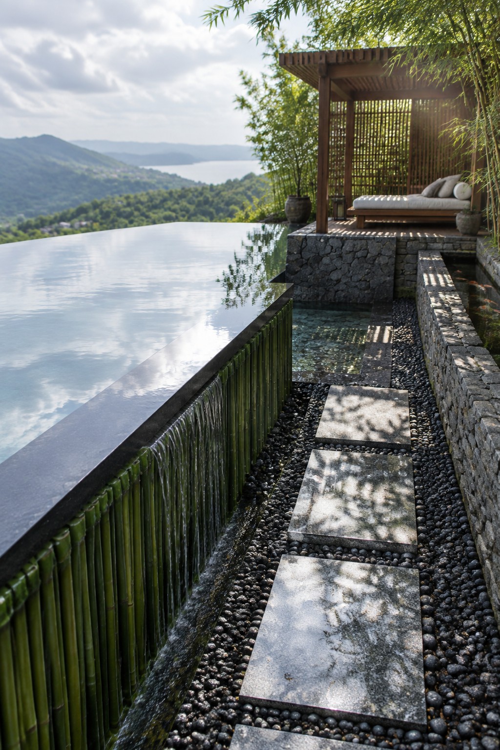 16 Sophisticated Infinity Pools With Natural Stone Edge Treatments An infinity pool with a dark natural stone edge sits beside a bamboo wall and stone stepping path, with a wooden cabana and distant hills in view.