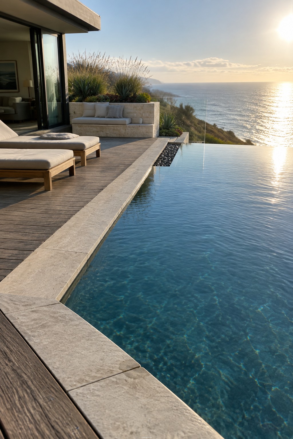 16 Sophisticated Infinity Pools With Natural Stone Edge Treatments An infinity pool with light natural stone coping along the edge next to a wooden deck with lounge chairs, overlooking the ocean.