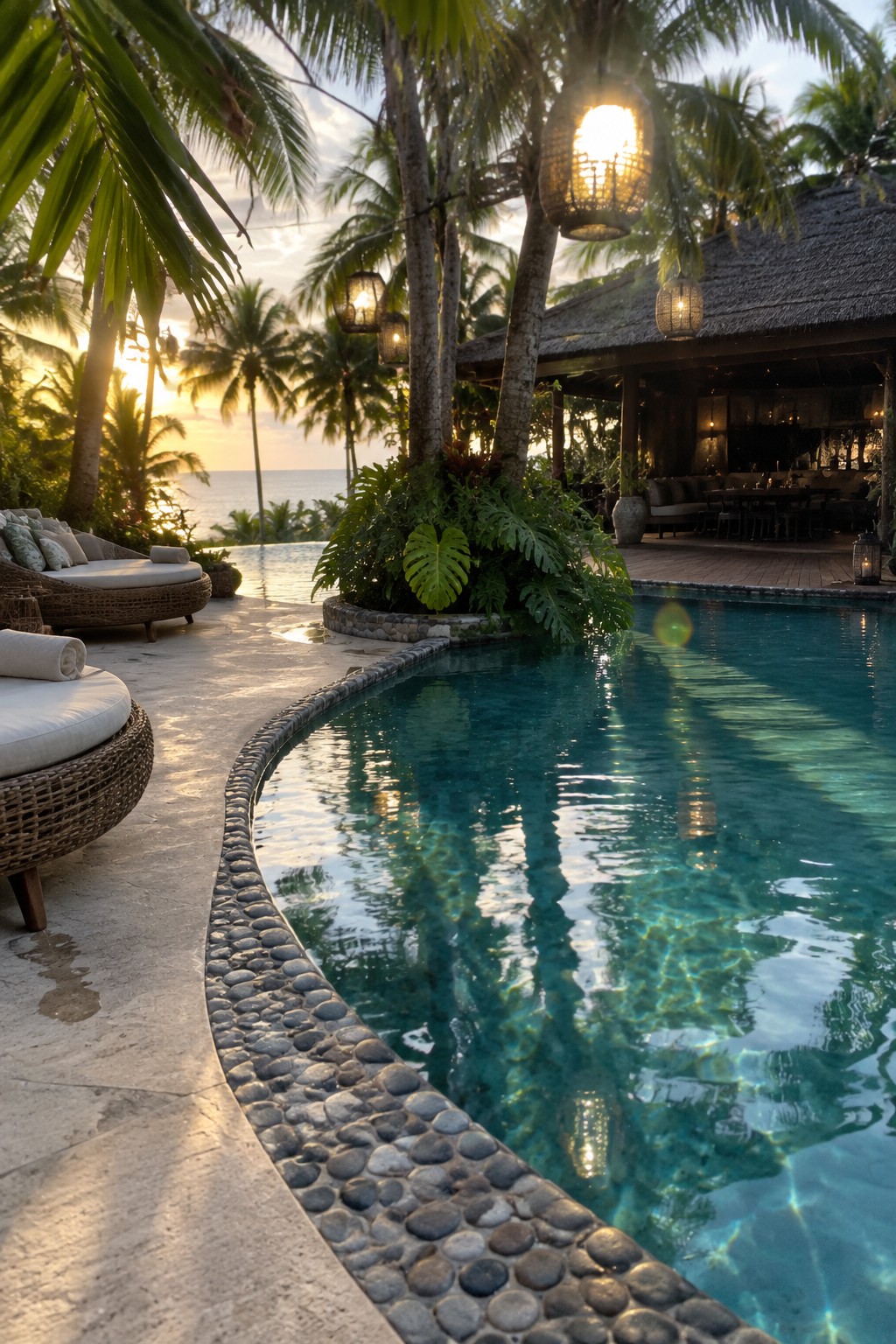 16 Sophisticated Infinity Pools With Natural Stone Edge Treatments Infinity pool with pebble edge, lounge chairs, palms, and lanterns at ocean sunset.