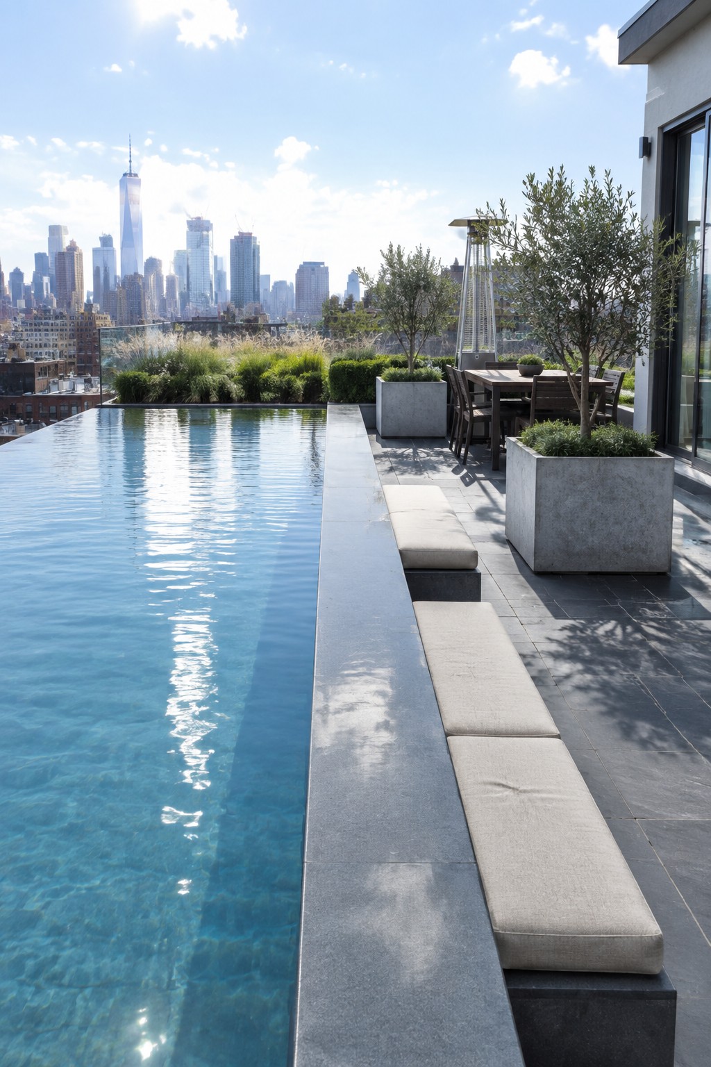 16 Sophisticated Infinity Pools With Natural Stone Edge Treatments A long infinity pool with dark stone coping runs beside cushioned seating benches on a rooftop terrace overlooking a city skyline.