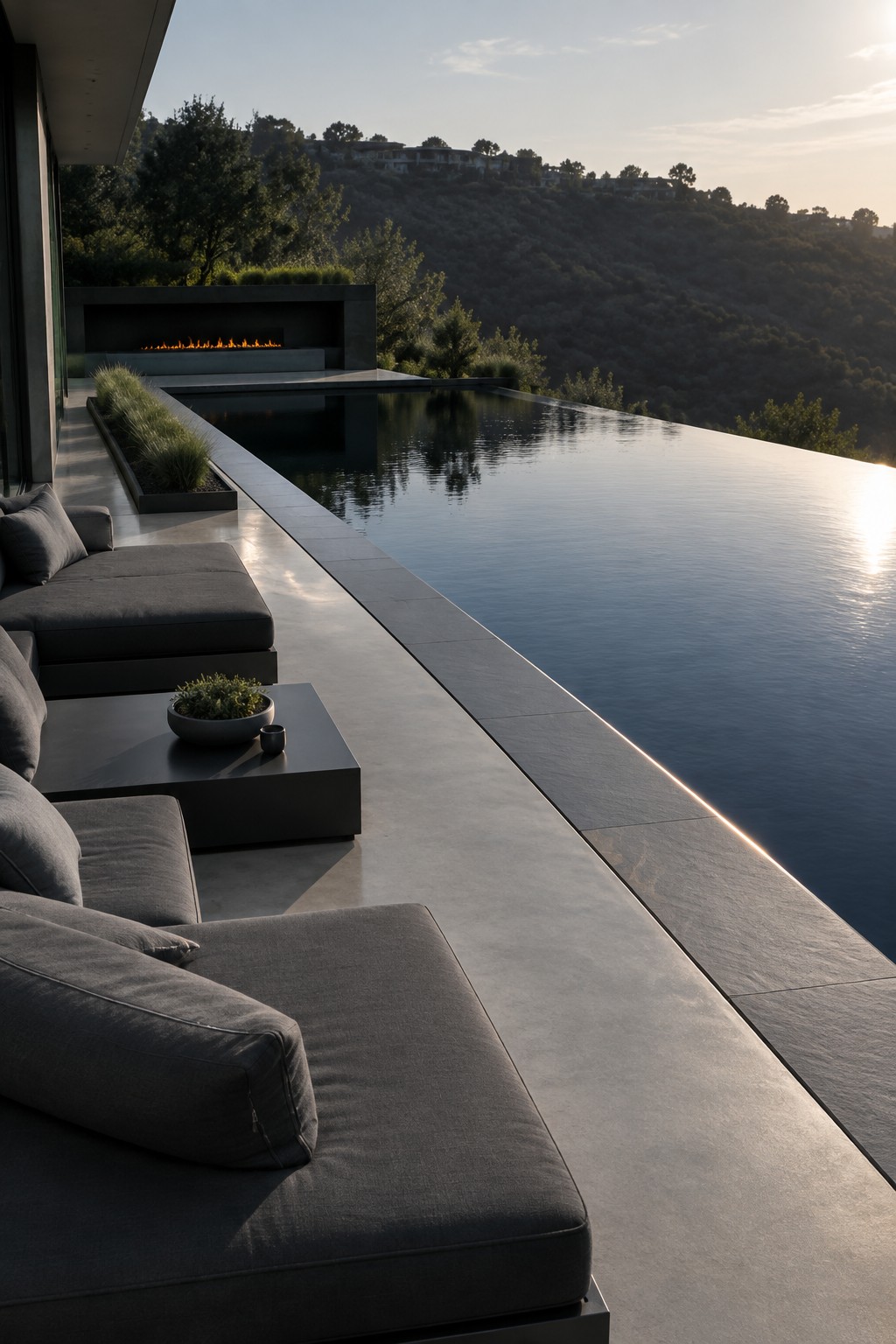 16 Sophisticated Infinity Pools With Natural Stone Edge Treatments Modern patio with dark gray sofas, infinity pool, fire pit, and hillside sunset view