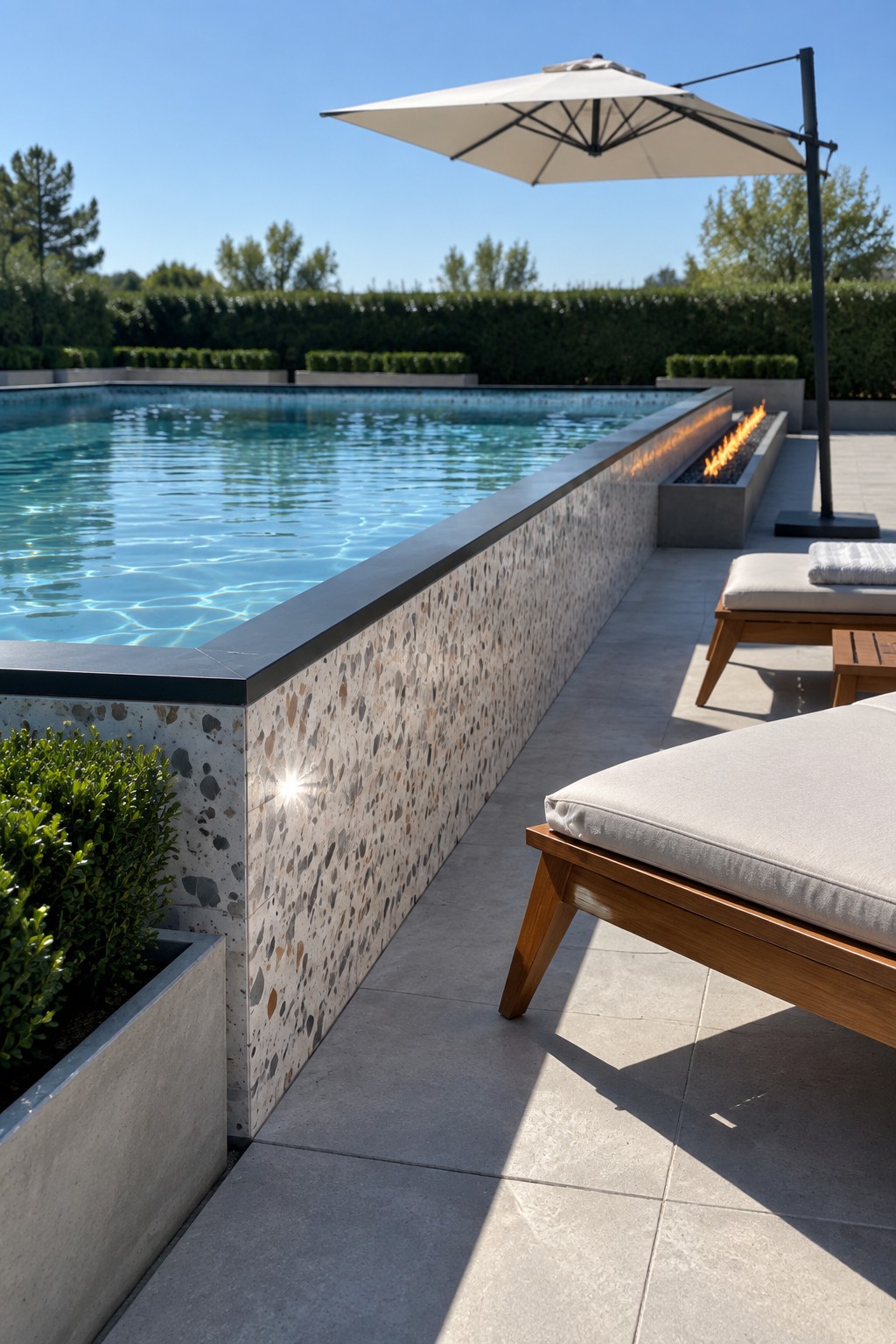 An above-ground pool with a speckled pebble wall, a linear fire feature along the edge, wooden lounge chairs, and a large umbrella on a stone patio.