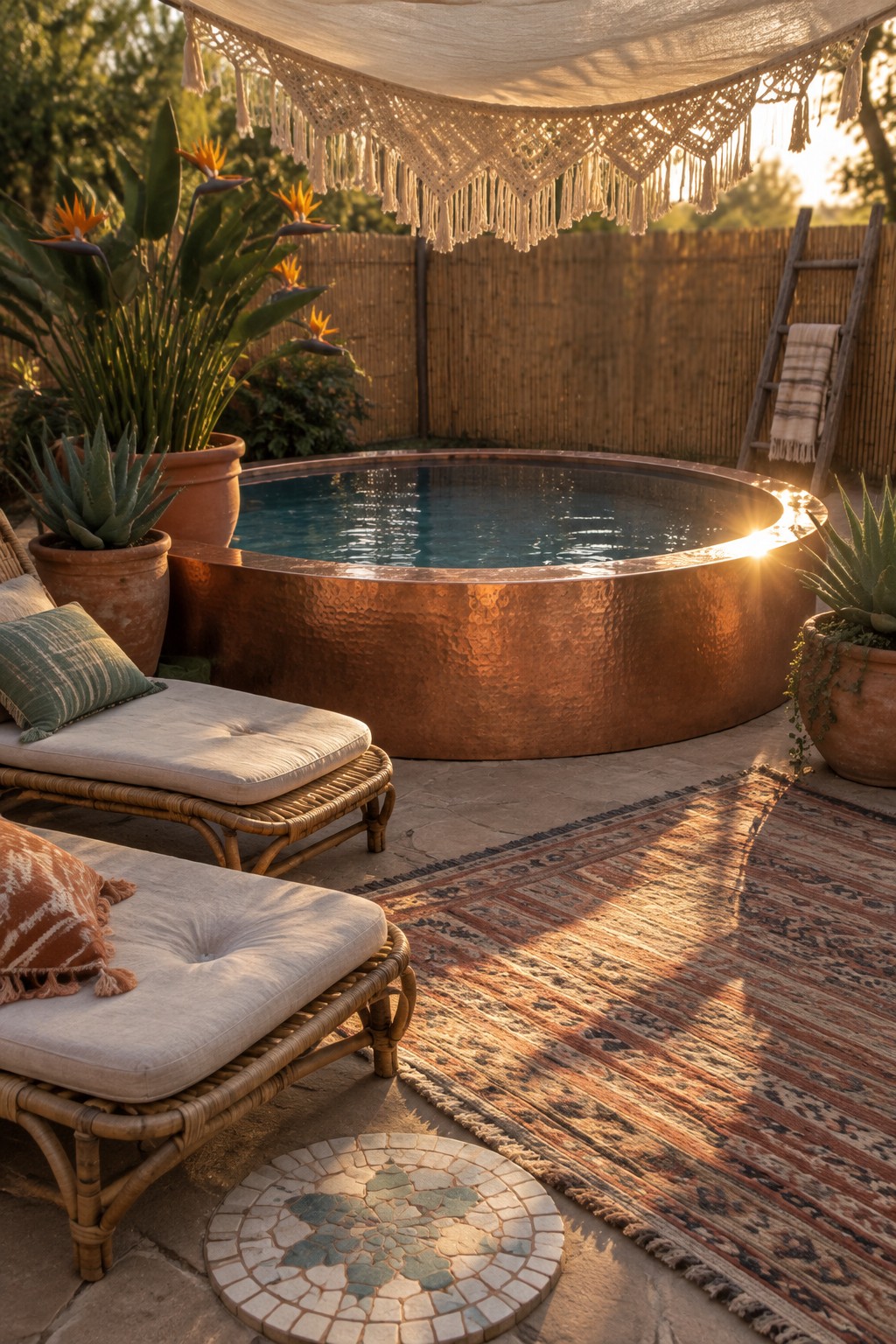 A round copper above-ground pool on a stone patio with a large patterned outdoor rug, two wicker lounge chairs, potted plants, and a macrame shade overhead.