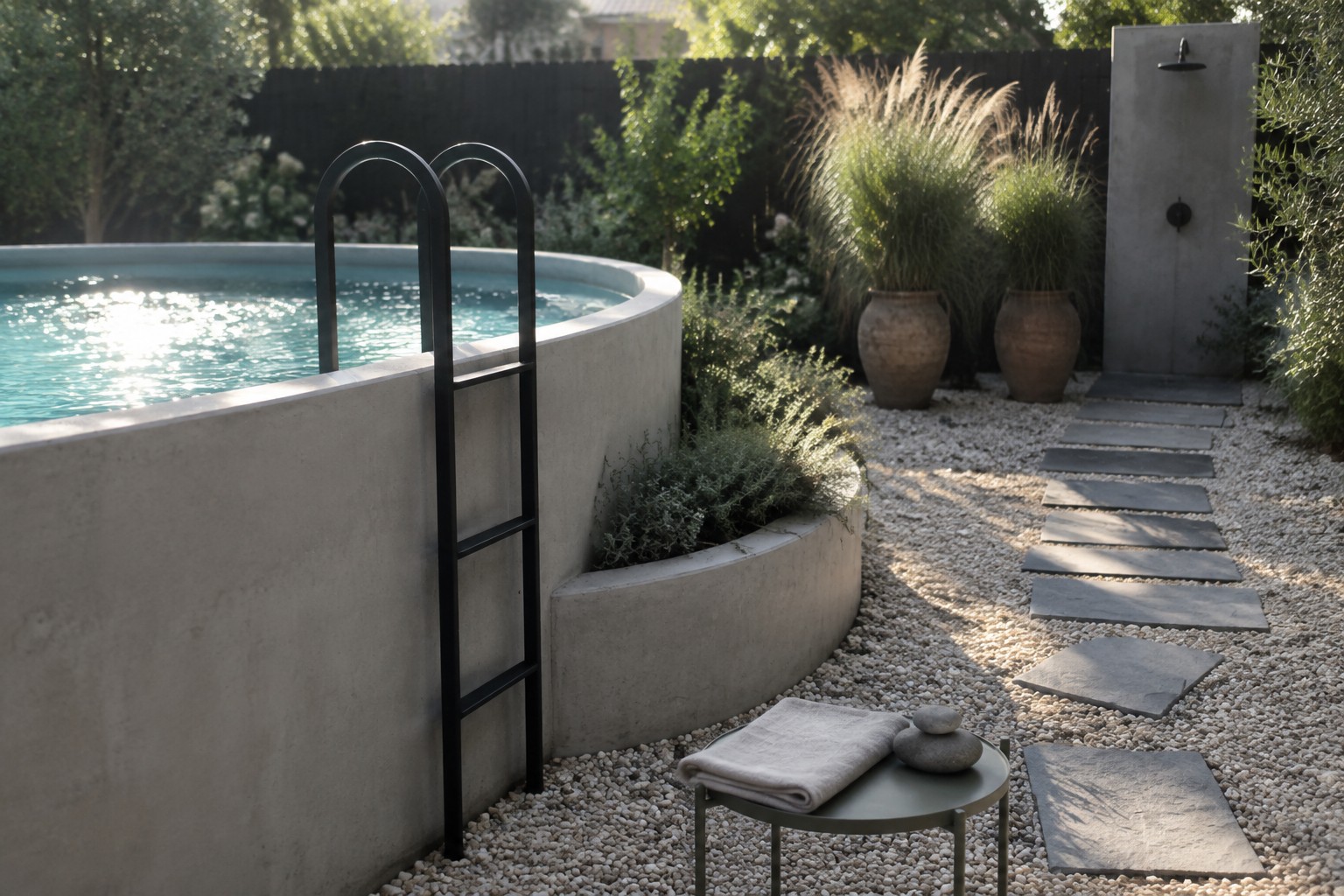 A round concrete above-ground pool with a black ladder sits in a gravel yard next to large potted grasses, an outdoor shower on a concrete wall, and a path of gray stepping stones.