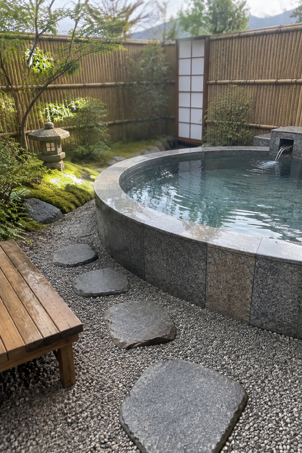 Circular stone hot tub in Japanese garden with bamboo fence, lantern, and stepping stones.