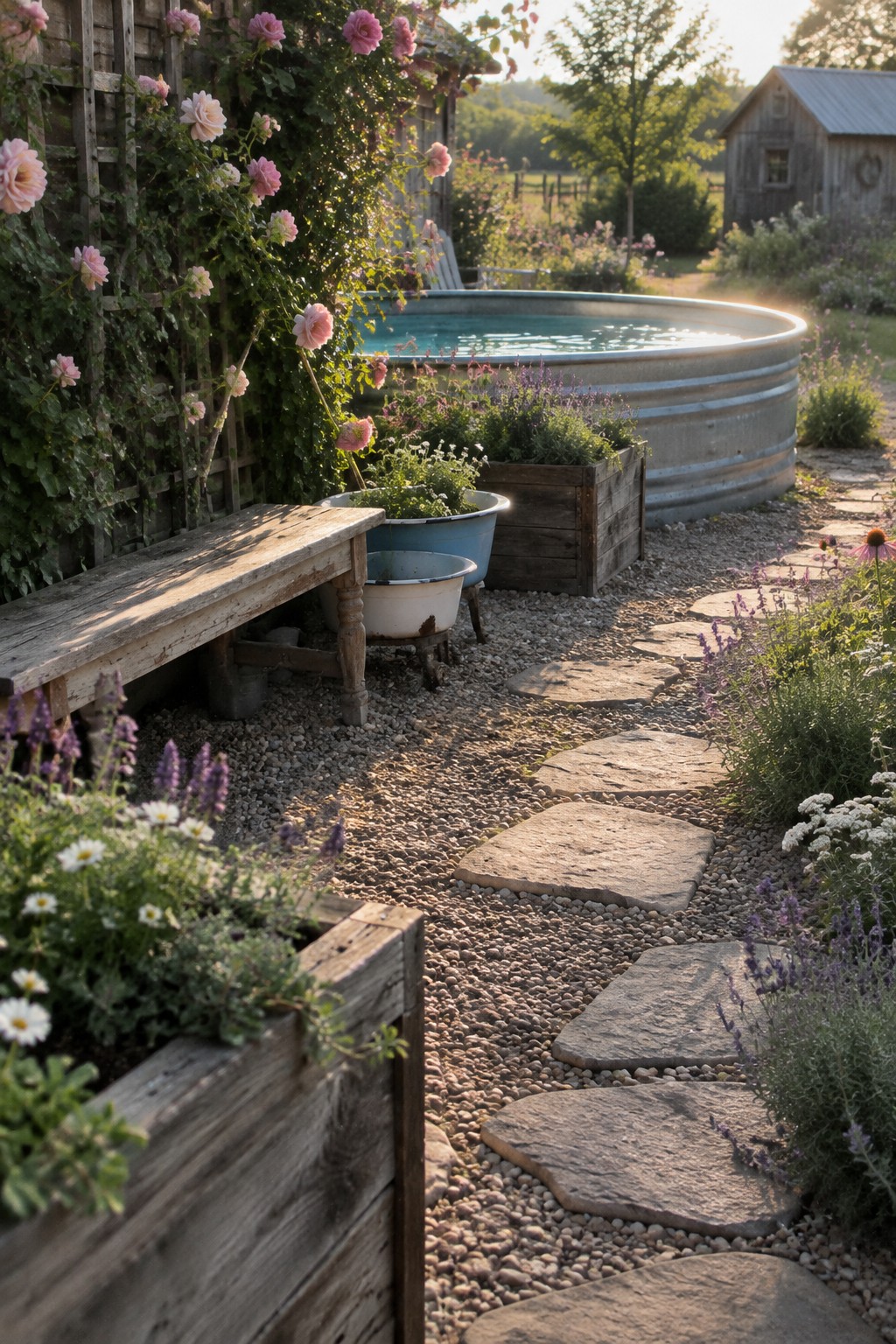 Round metal above-ground pool with gravel surround, irregular stone path, wooden planters, and climbing roses on a trellis in a garden setting.