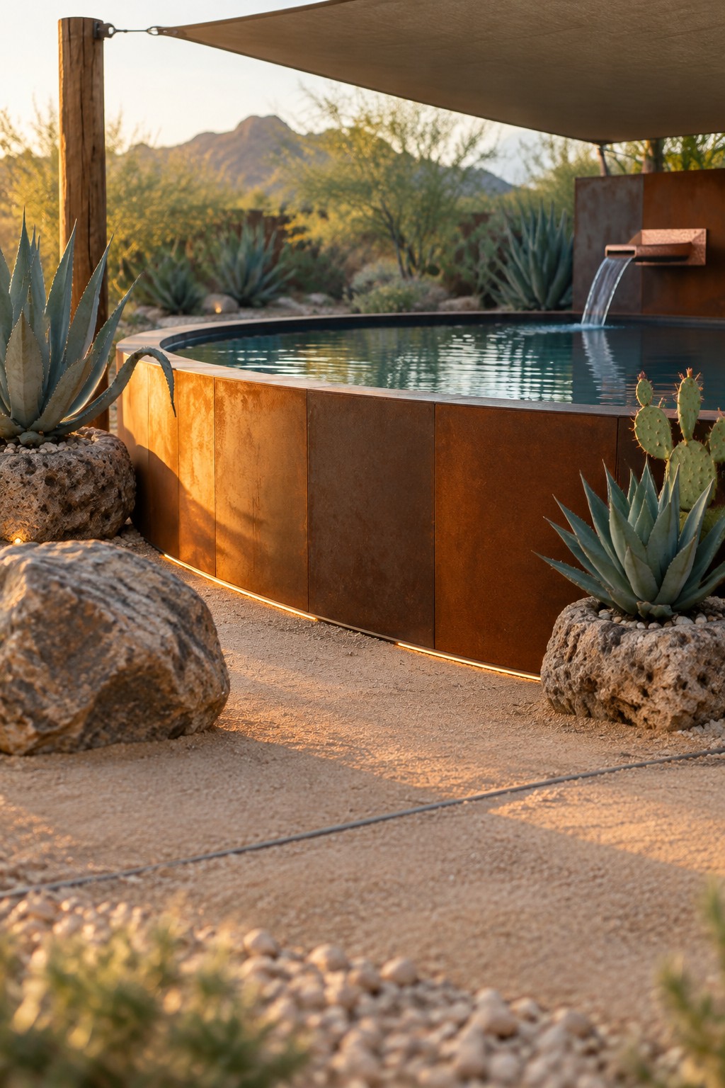 An above ground pool enclosed by a circular corten steel wall with a water spout on the right side, surrounded by desert plants in rocky planters on sandy ground.