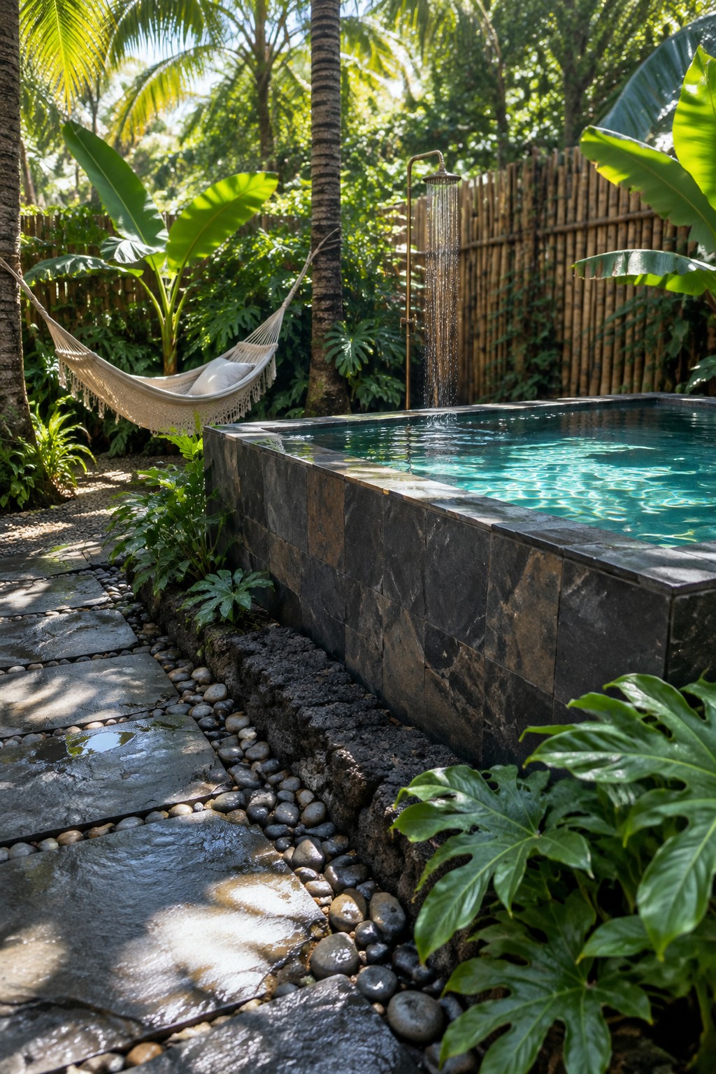 Tropical garden with stone plunge pool, outdoor shower, hammock, and pebble-lined pathway amid lush greenery.