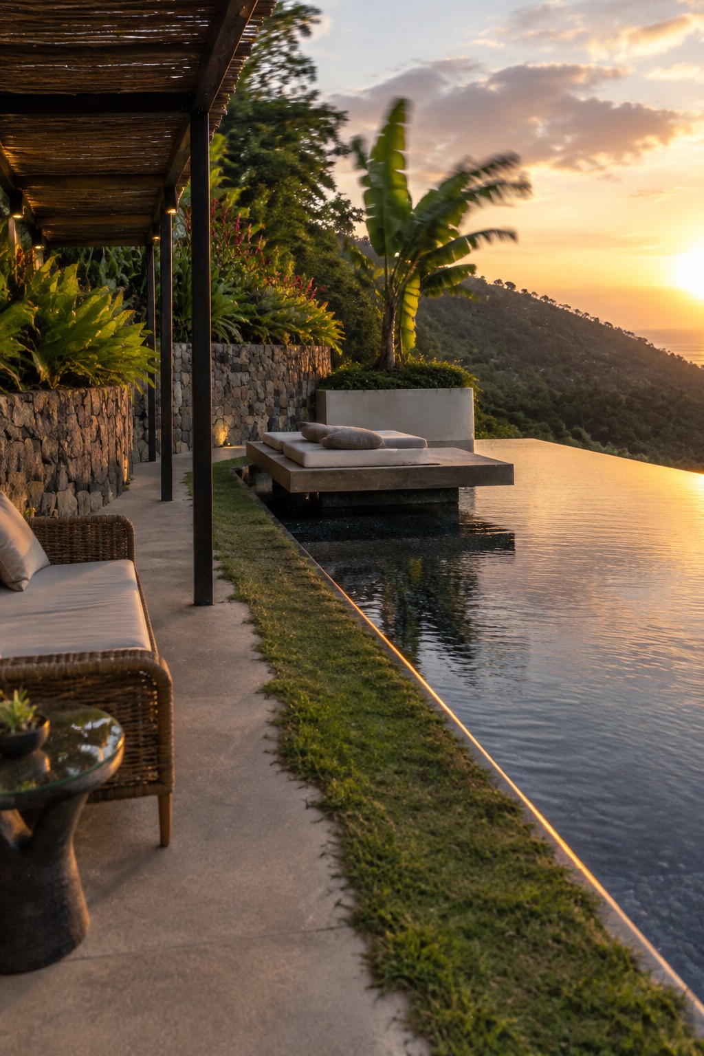 16 Tropical Infinity Pool Ideas With Lush Resort-Style Landscaping Infinity pool with floating daybed at sunset, tropical patio with wicker lounge and ocean view.