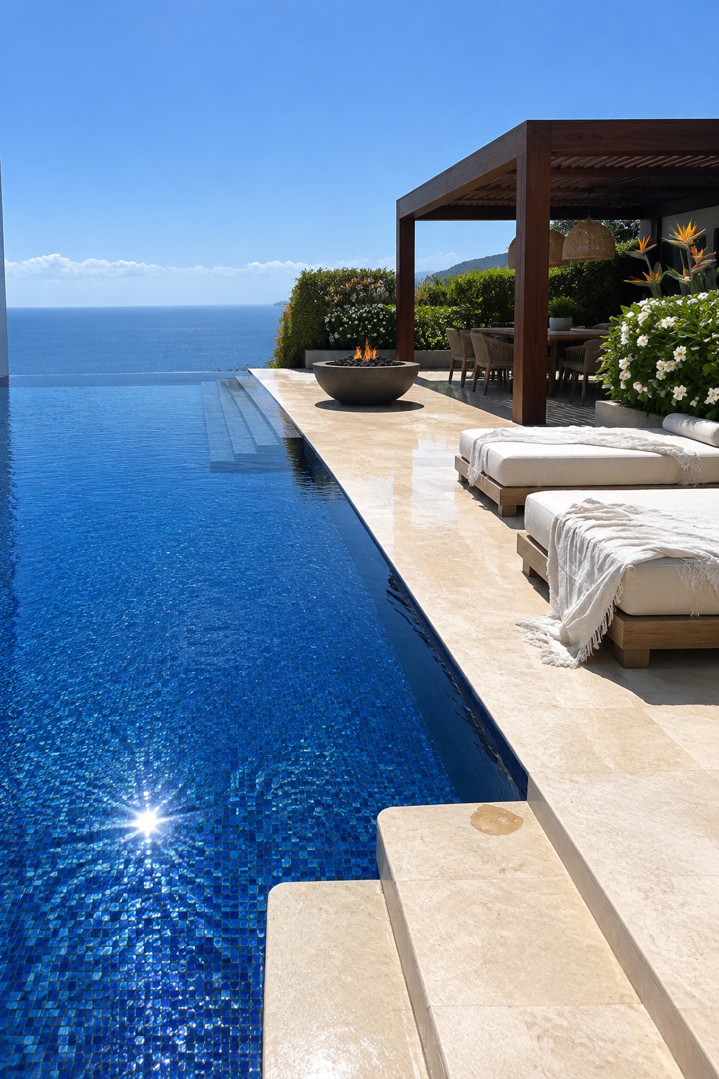 16 Tropical Infinity Pool Ideas With Lush Resort-Style Landscaping Luxury infinity pool overlooking ocean with fire pit and white lounge chairs