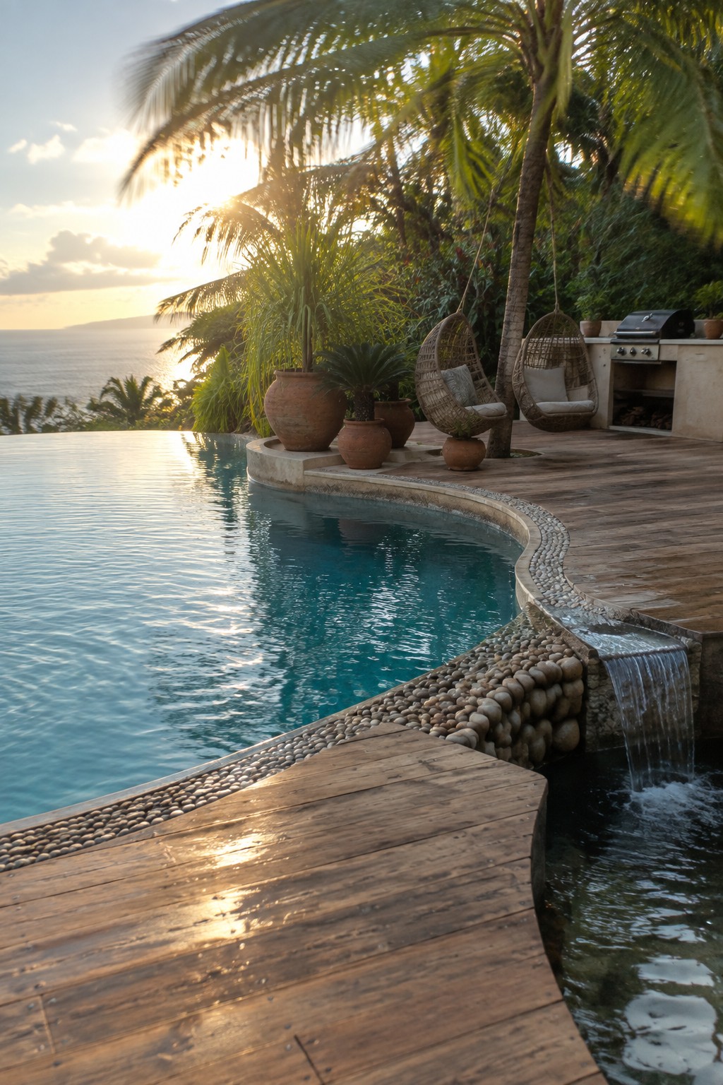 16 Tropical Infinity Pool Ideas With Lush Resort-Style Landscaping An infinity pool with a curved pebble edge and small waterfall spilling into a lower basin, surrounded by a wooden deck, hanging chairs, and tropical plants.