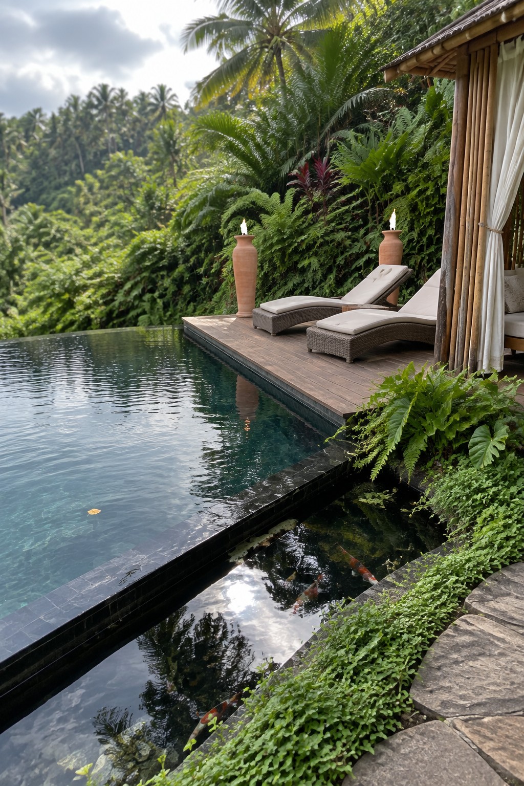 16 Tropical Infinity Pool Ideas With Lush Resort-Style Landscaping Infinity pool with lounge chairs, flaming torches, and koi fish overlooking lush jungle.
