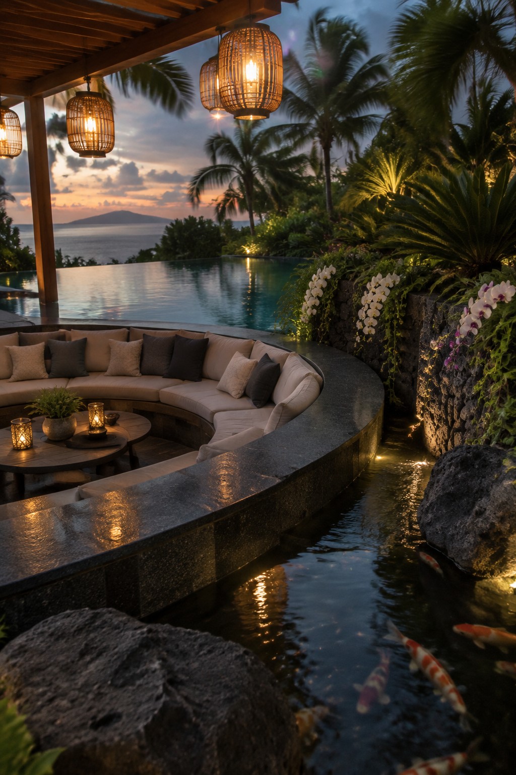 16 Tropical Infinity Pool Ideas With Lush Resort-Style Landscaping A large curved outdoor sofa with beige and gray cushions sits beside an infinity pool at dusk, with a narrow koi pond in the foreground, hanging wicker lanterns, and tropical plants along a stone wall.