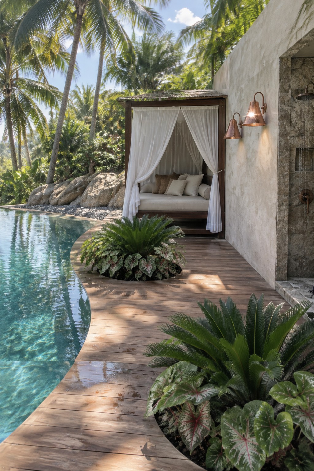 16 Tropical Infinity Pool Ideas With Lush Resort-Style Landscaping A curved wooden deck runs alongside a turquoise pool with a thatched cabana, white curtains, tropical plants set into the deck, and an outdoor shower on the stone wall.