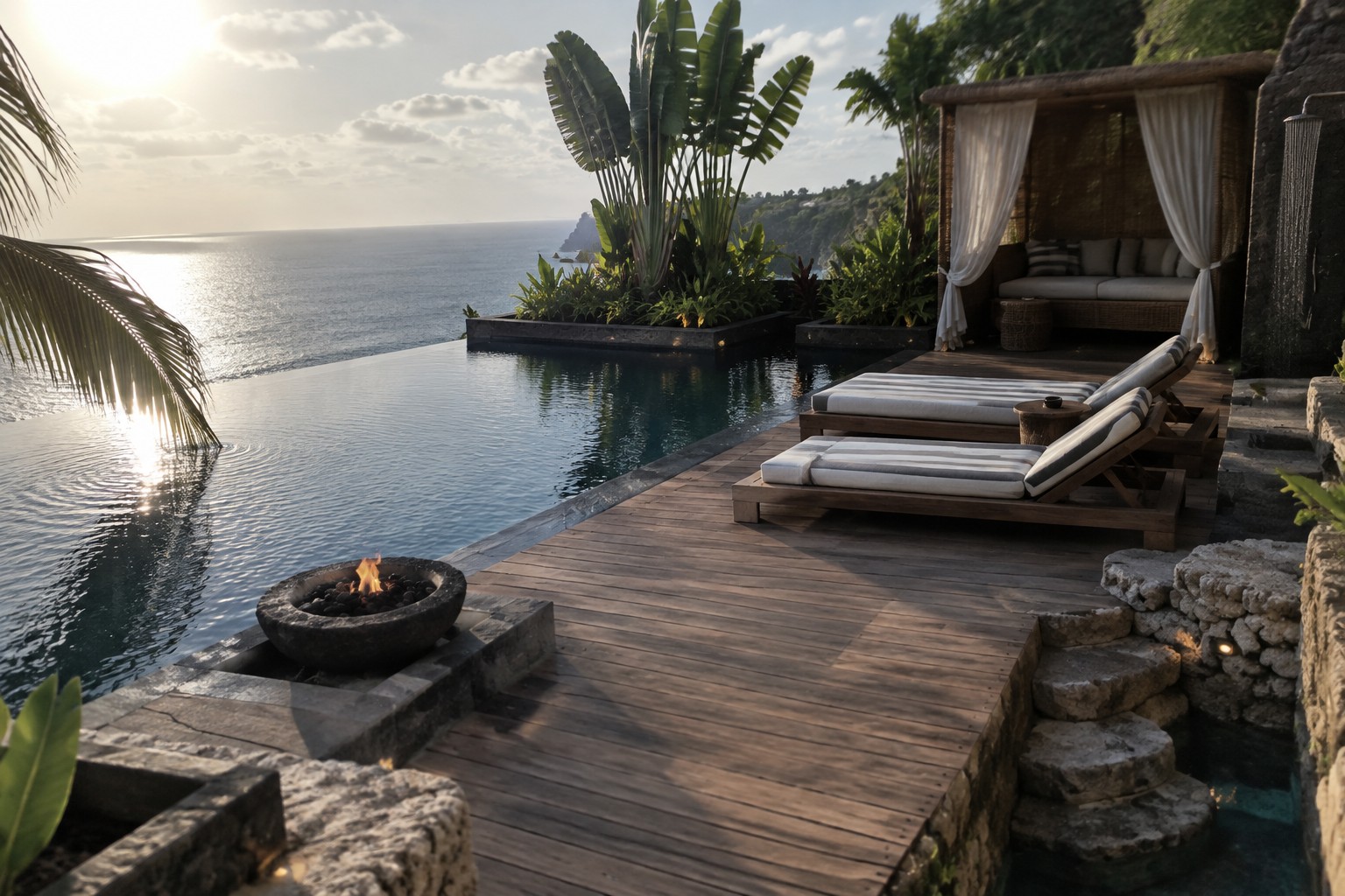 16 Tropical Infinity Pool Ideas With Lush Resort-Style Landscaping A tropical infinity pool with wooden deck, striped lounge chairs, outdoor shower, and a round stone fire pit set into the edge overlooking the ocean.