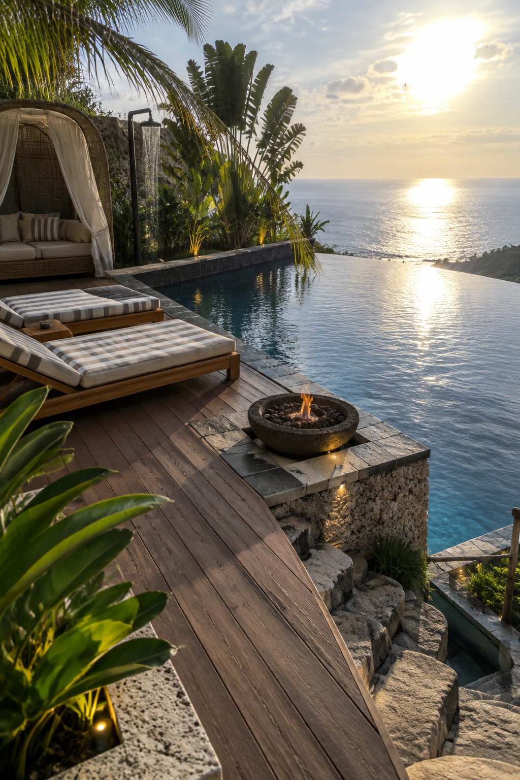 16 Tropical Infinity Pool Ideas With Lush Resort-Style Landscaping A tropical infinity pool with wooden deck, striped lounge chairs, outdoor shower, and a round stone fire pit set into the edge overlooking the ocean.