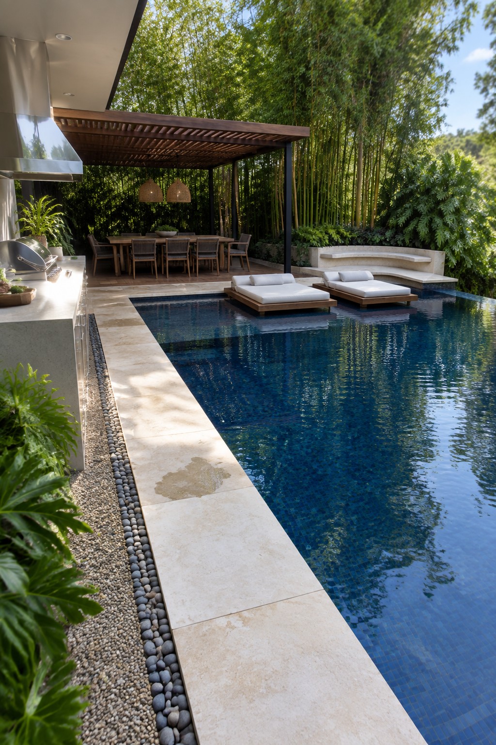 16 Tropical Infinity Pool Ideas With Lush Resort-Style Landscaping A long rectangular pool with blue mosaic tiles has two floating wooden lounge platforms with white cushions, bordered by light stone paving, an outdoor kitchen on the left, and a dining area under a pergola surrounded by dense bamboo.