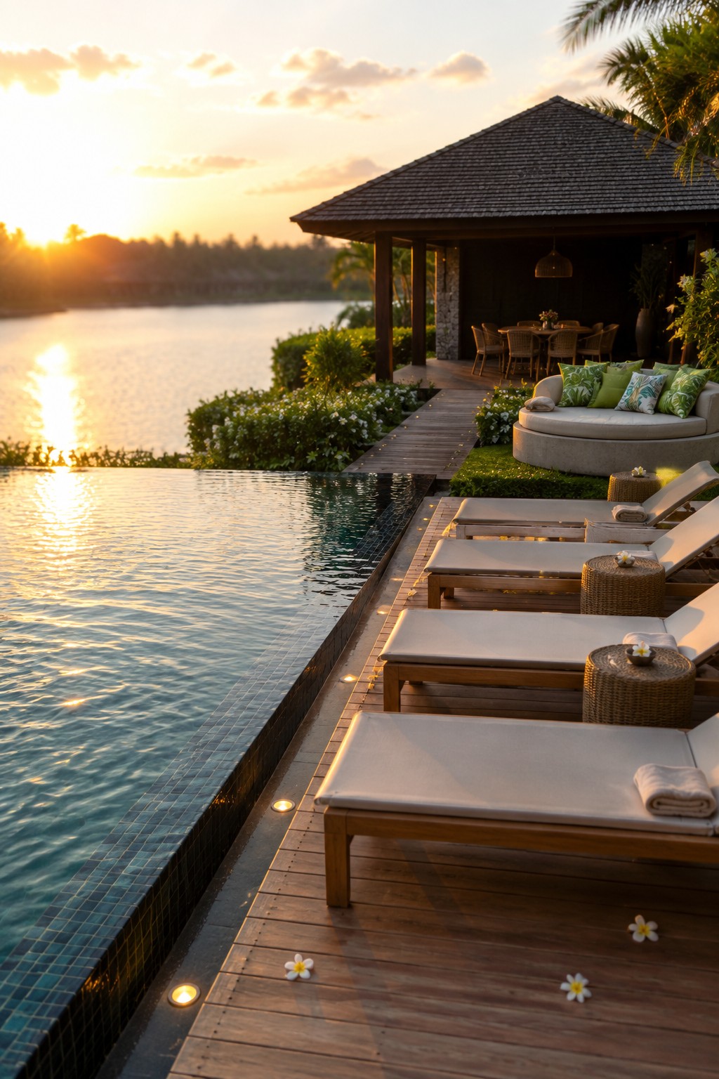 16 Tropical Infinity Pool Ideas With Lush Resort-Style Landscaping An infinity pool with a wooden deck lined by four lounge chairs, a round daybed, and a thatched pavilion overlooking water at sunset.
