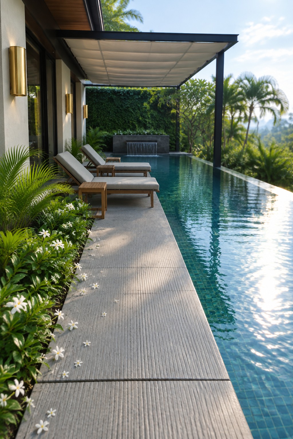16 Tropical Infinity Pool Ideas With Lush Resort-Style Landscaping A long infinity pool with gray decking, a row of wooden lounge chairs, and dense tropical plants with white flowers growing directly along the edge.