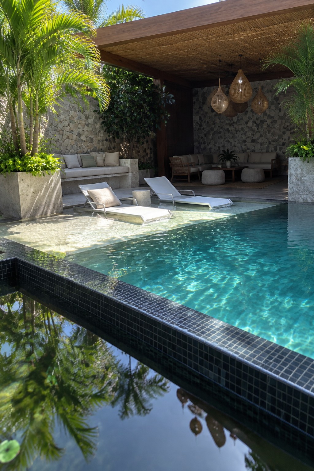 16 Tropical Infinity Pool Ideas With Lush Resort-Style Landscaping Luxurious pool with white lounge chairs in water, palms, stone walls, woven lights