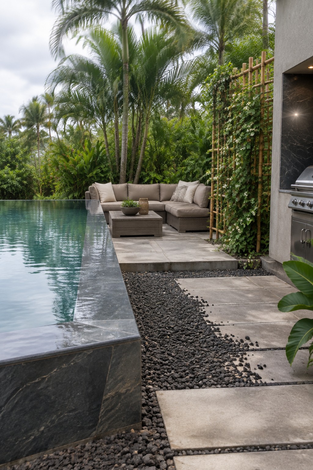 16 Tropical Infinity Pool Ideas With Lush Resort-Style Landscaping A modern infinity pool with dark stone coping sits next to a gravel strip and large concrete pavers, with a cushioned sectional sofa and coffee table on the patio and a bamboo screen covered in vines behind it.