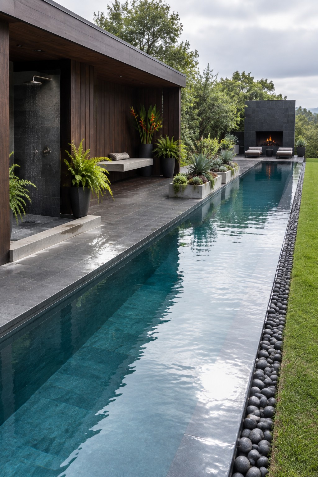 16 Tropical Infinity Pool Ideas With Lush Resort-Style Landscaping Modern dark wood pavilion with shower beside long blue pool and stone fireplace