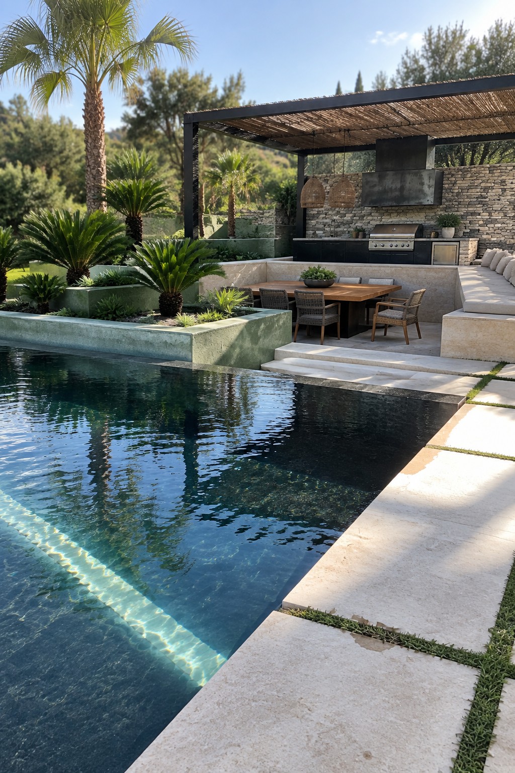 16 Tropical Infinity Pool Ideas With Lush Resort-Style Landscaping Luxurious poolside patio with outdoor kitchen, dining table, and palm trees.