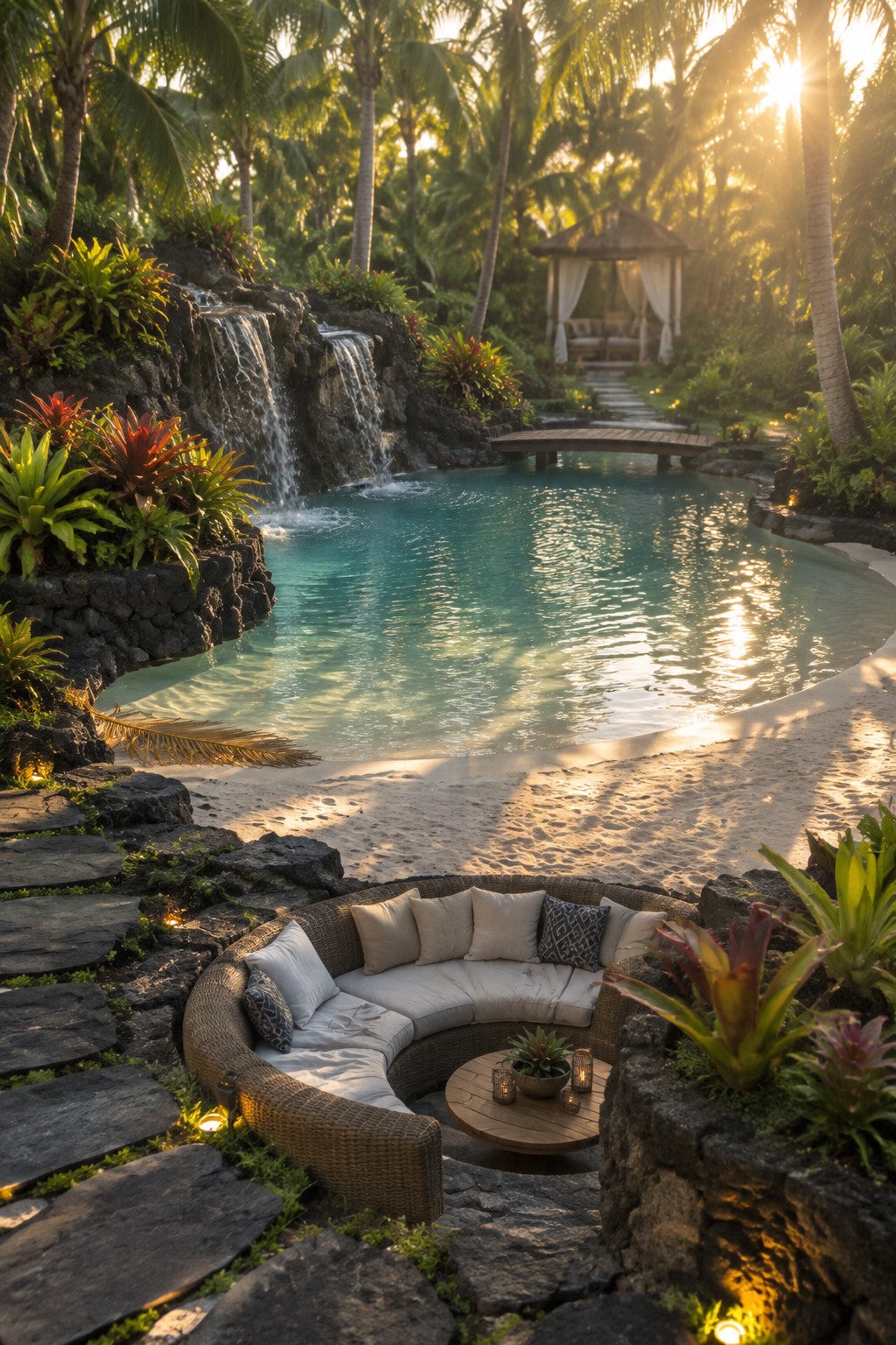 16 Tropical Infinity Pool Ideas With Lush Resort-Style Landscaping A tropical pool with turquoise water, a small waterfall on the left, and a circular woven lounge sofa with cushions set into rocks and plants on the sandy edge.